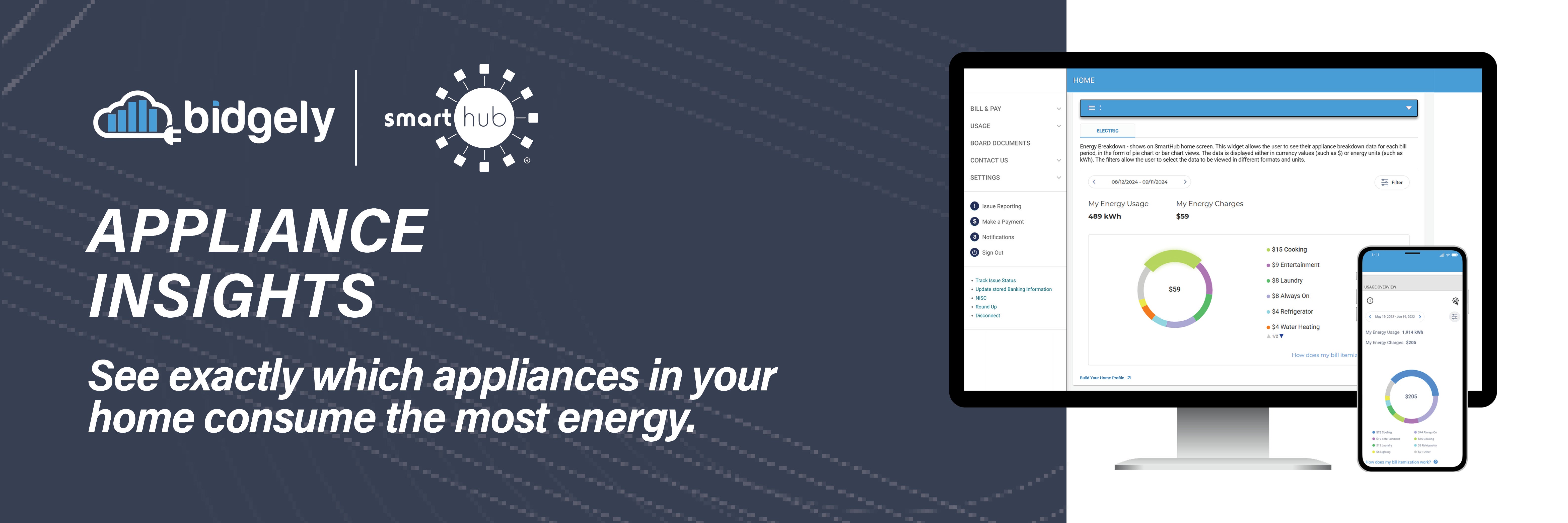 Bidgely Energy Insights in SmartHub showing estimated appliance energy usage on desktop and mobile devices.