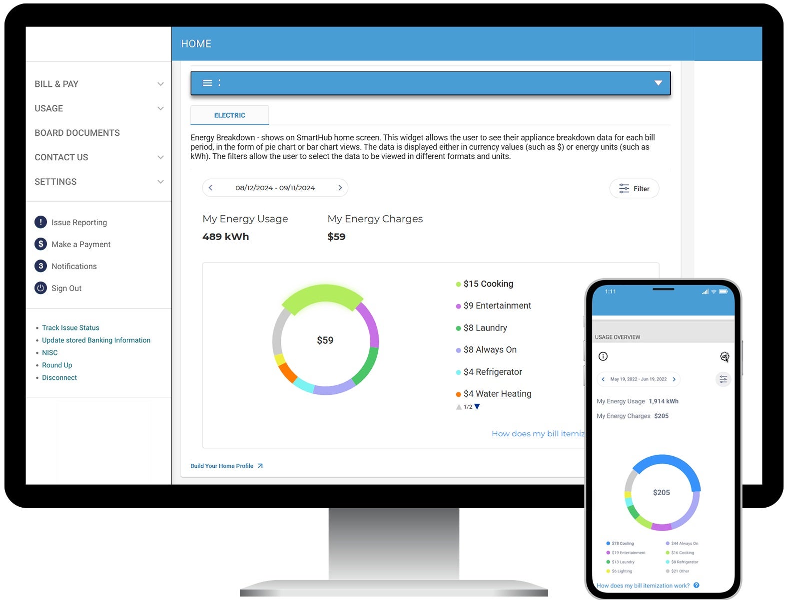 Bidgely Energy Insights in SmartHub helps BEC Power members understand home energy usage through appliance breakdowns, personalized energy-saving tips, usage comparisons, home profiles, and detailed electricity consumption insights on desktop and mobile devices.