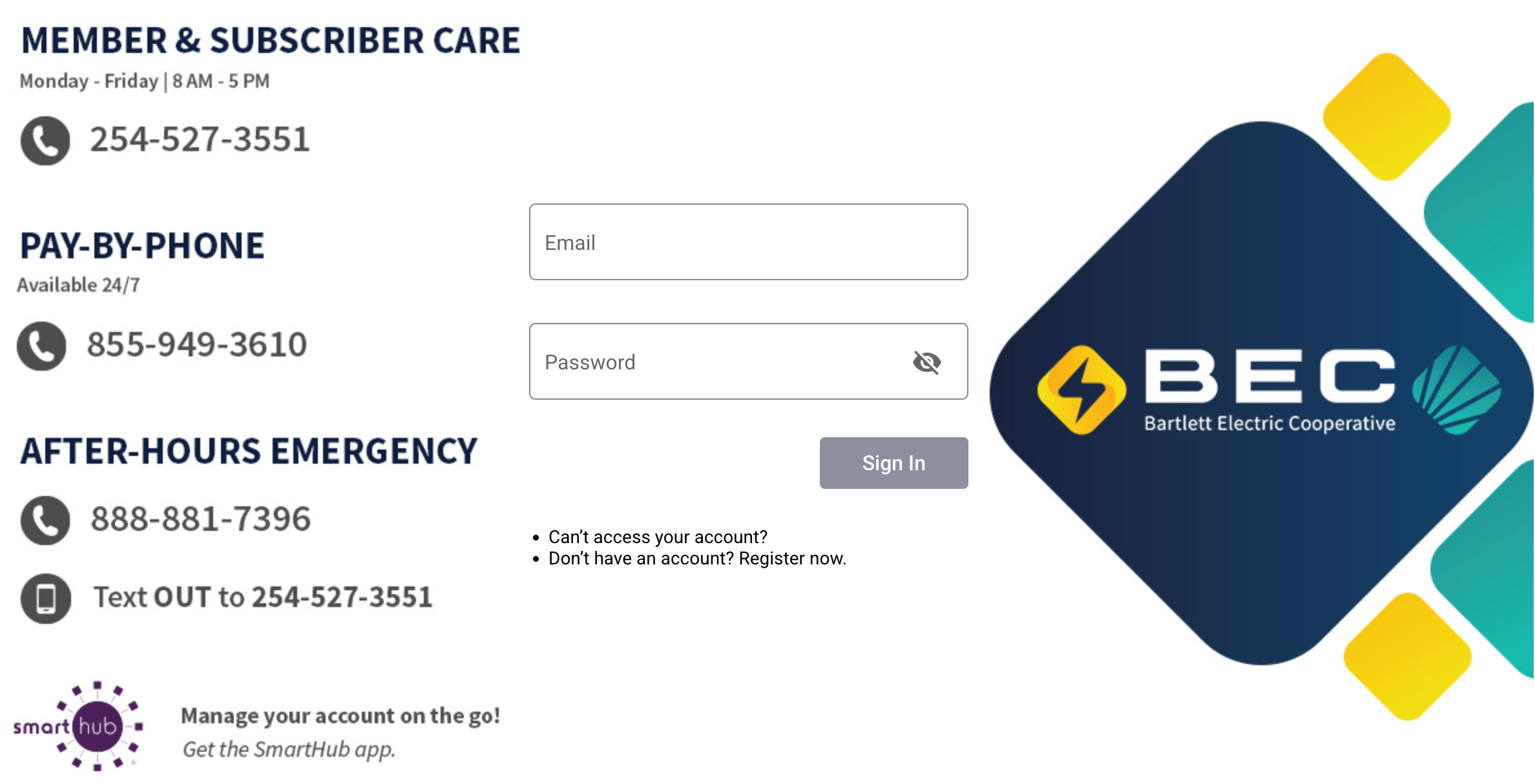 BEC SmartHub member portal for managing electric service, paying bills online, tracking energy usage, reporting outages, and accessing Bartlett Electric Cooperative account information.