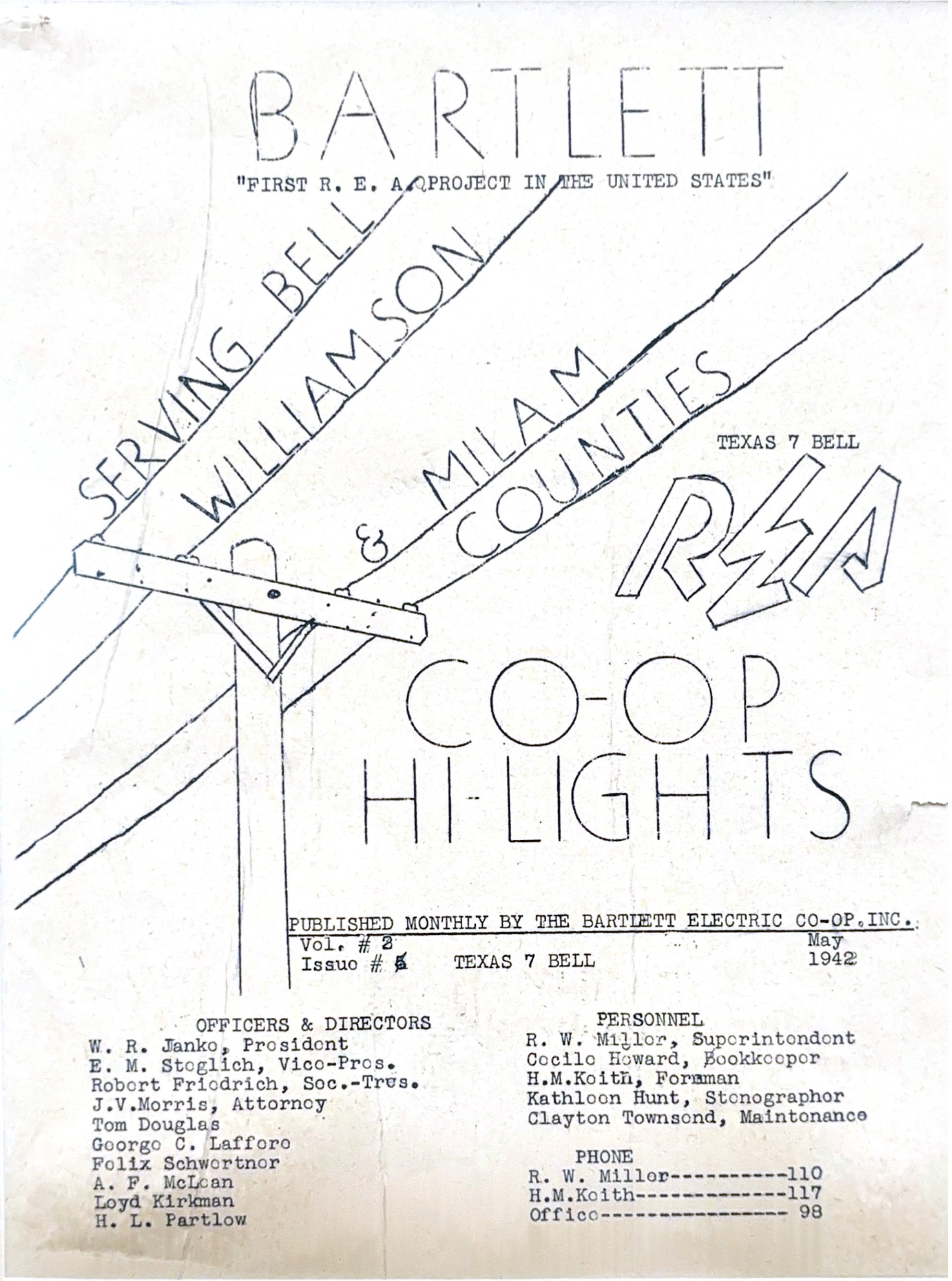 Historic 1942 Bartlett Electric Cooperative Hi-Lights publication featuring REA project and rural electric service expansion in Texas