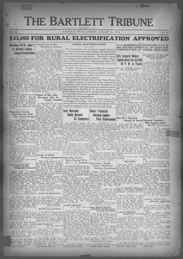 Historic Bartlett Tribune newspaper featuring 1935 headline approving $33,000 for rural electrification project in Texas