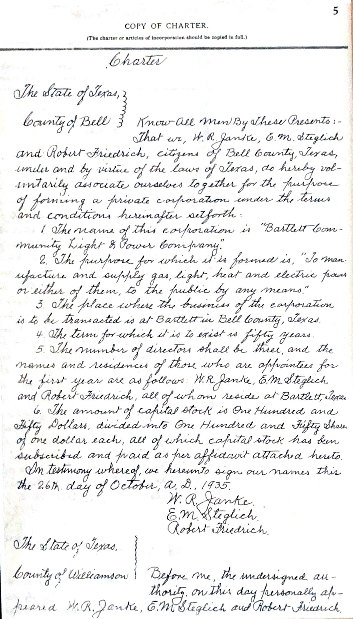 Original 1935 charter of Bartlett Community Light & Power Company, signed October 26, 1935, establishing the organization that became today's Bartlett Electric Cooperative.