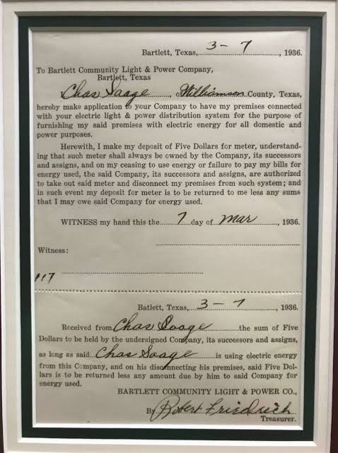Historic 1936 rural electrification application signed by Charles Saage for electric service through Bartlett Electric Cooperative