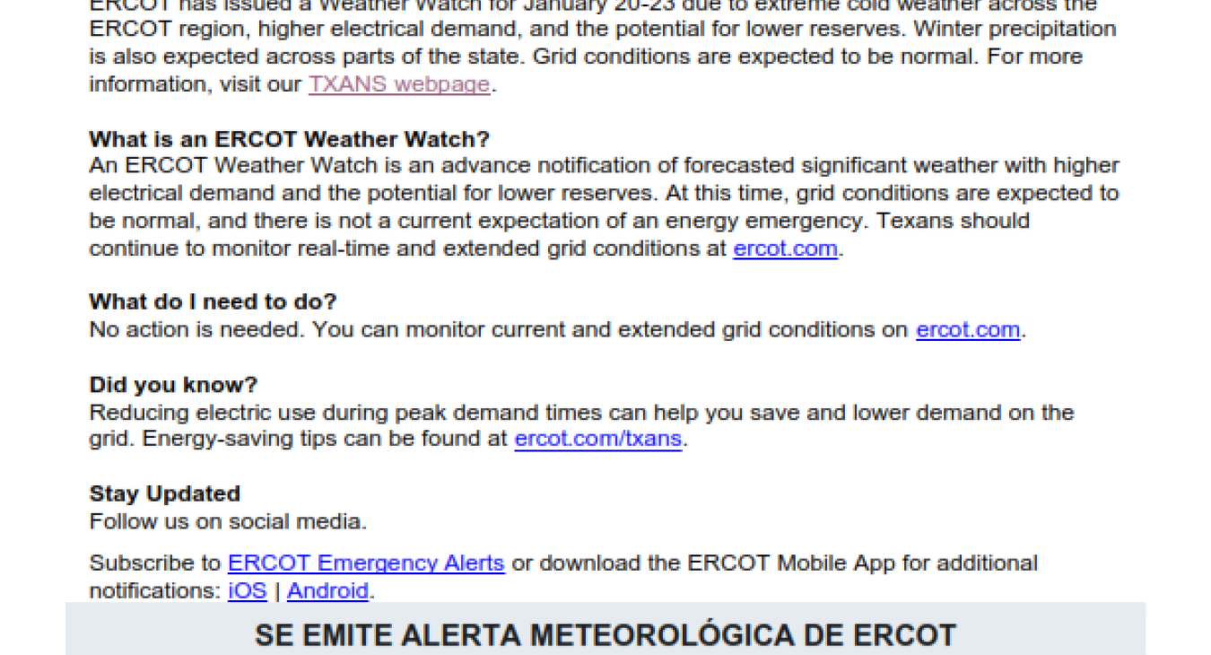 ERCOT has issued a Weather Watch
